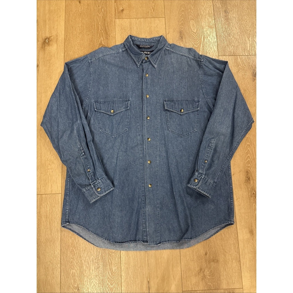 Nautica Men's Vintage Denim Button-Down Long Sleeve Shirt Size XL Blue EUC 90's